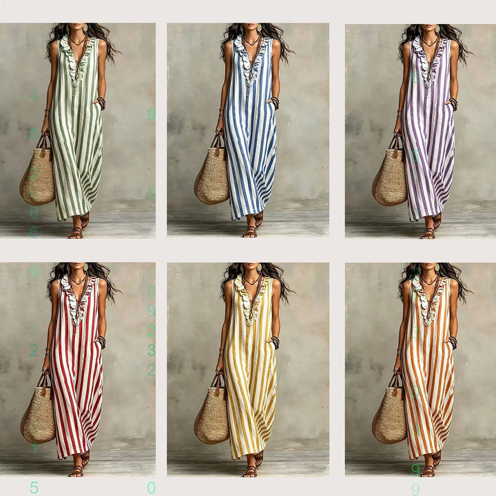 Bohemian Stripe V Neck Linen Maxi Dress Summer Casual Long Dresses