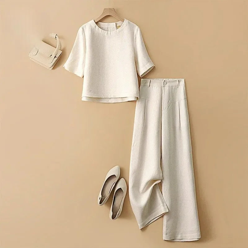 Women Casual Summer Linen Short Sleeve Top High Waist Wide Leg Pants Two Piece Set Daily Outdoor Wear S-XXL
