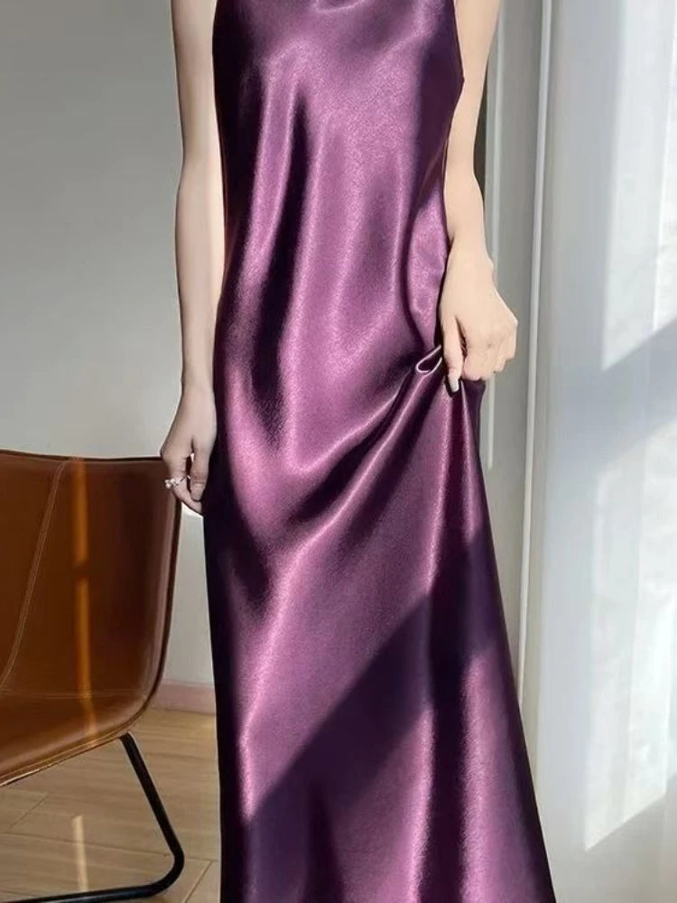 French Elegant Satin Camis Dress Women Summer Loose with Ribbon Midi Dress Female Fashion Aesthetic Party Evening Slip Dress