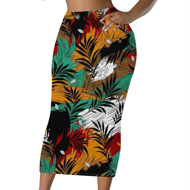 Floral Print Pencil Skirt, Red Berry Leaf Pattern Midi Skirt, High Waist Bodycon Skirt for Women Office Party Wear S-2XL