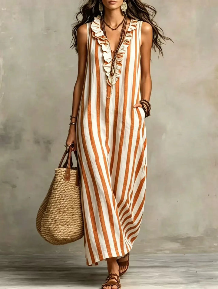 Bohemian Stripe V Neck Linen Maxi Dress Summer Casual Long Dresses