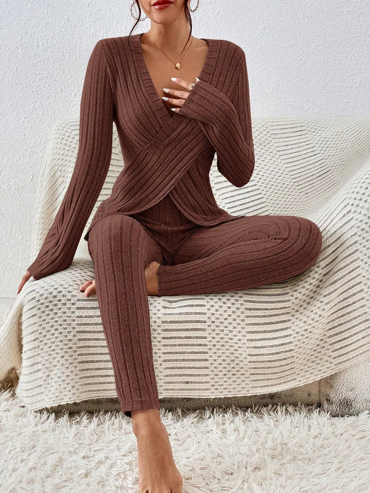 Women 2 Piece Loungewear Set Ribbed Knit Wrap V‑Neck Long Sleeve Top &amp; High Waist Leggings Outfit Set