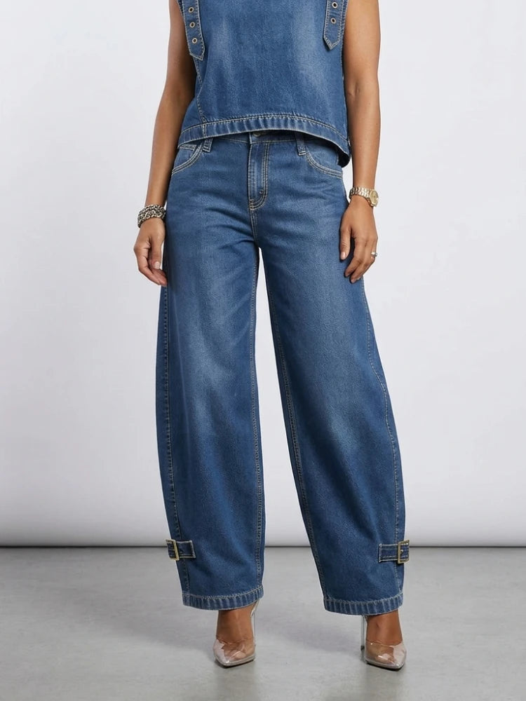 Missuoo 2026 New American Retro Women's Jeans Blue High Waist Curved Wide Leg Denim Trousers with Buckles for Street Style