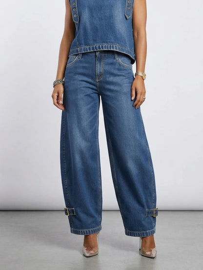 Missuoo 2026 New American Retro Women's Jeans Blue High Waist Curved Wide Leg Denim Trousers with Buckles for Street Style