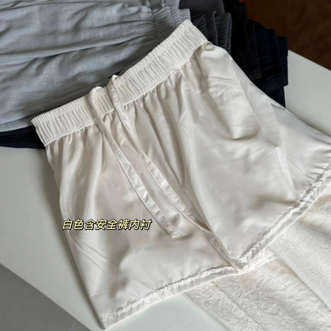 Linen Ice Silk Wide Leg Pants for Women Floor Length Curved Leg Casual with Safety Lining Fully Hemmed Trousers