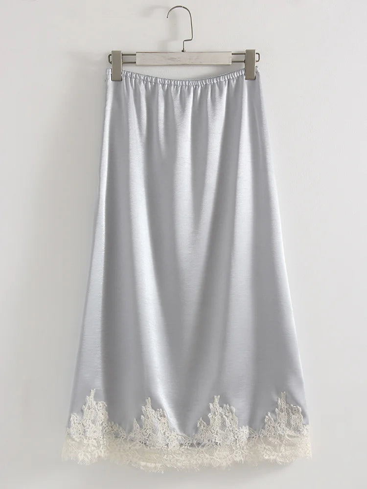 Streamgirl Midi Lace Satin Skirts Women Spring Summer High Waist Straight Burgundy Skirts With Lace For Women Office Wear Skirt