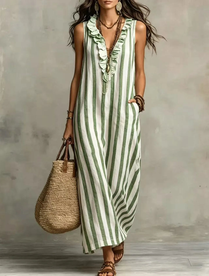 Bohemian Stripe V Neck Linen Maxi Dress Summer Casual Long Dresses