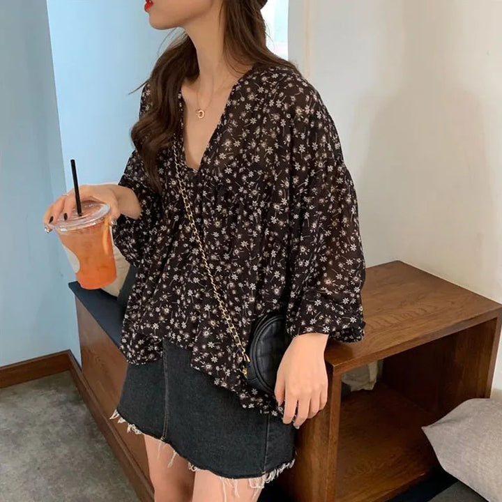 V-neck Chiffon Shirt Women Sweet Tops Blouse 2025 Spring Korean Floral Print Long Sleeve Casual Loose Slim Lady Clothes New 9307