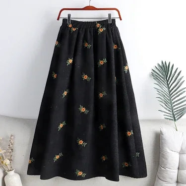 Women Corduroy Embroidered Midi Skirt High Waist Versatile Slim Fit A Line Umbrella Skirt For Autumn Winter