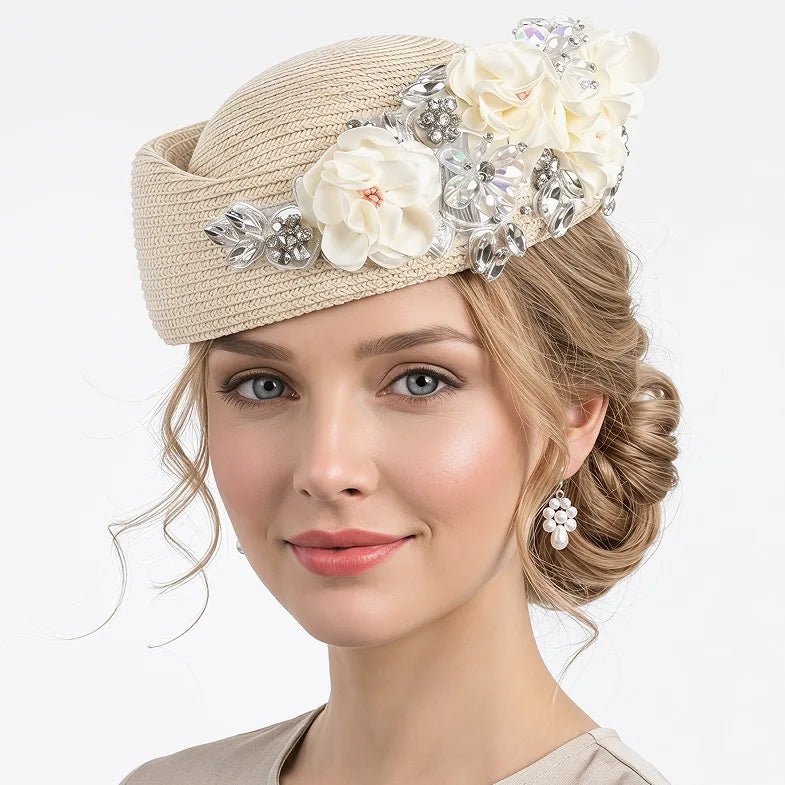 2026 Spring Summer Woven Straw Beret Cap Elegant Rhinestone Applique Fedora Cap Headwear French ‌Elegant Ladies Stewardess Hat‌