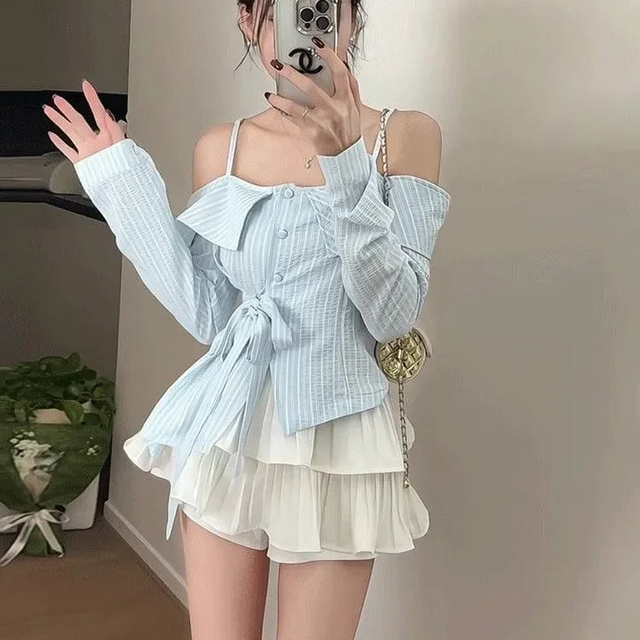 One-length Off-shoulder for Women in Spring Summer Irregular Waist-hugging Lace-up Top Trendy Pleated Skirt Suit