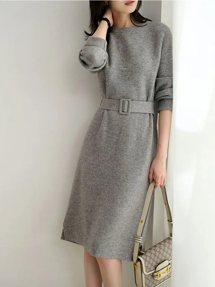 Autumn Winter Knitted Dress 2023 O-Neck Long Sleeve Party Midi Dress for Women Elegant Pink Gray A-line Sweater Dresses Ladies