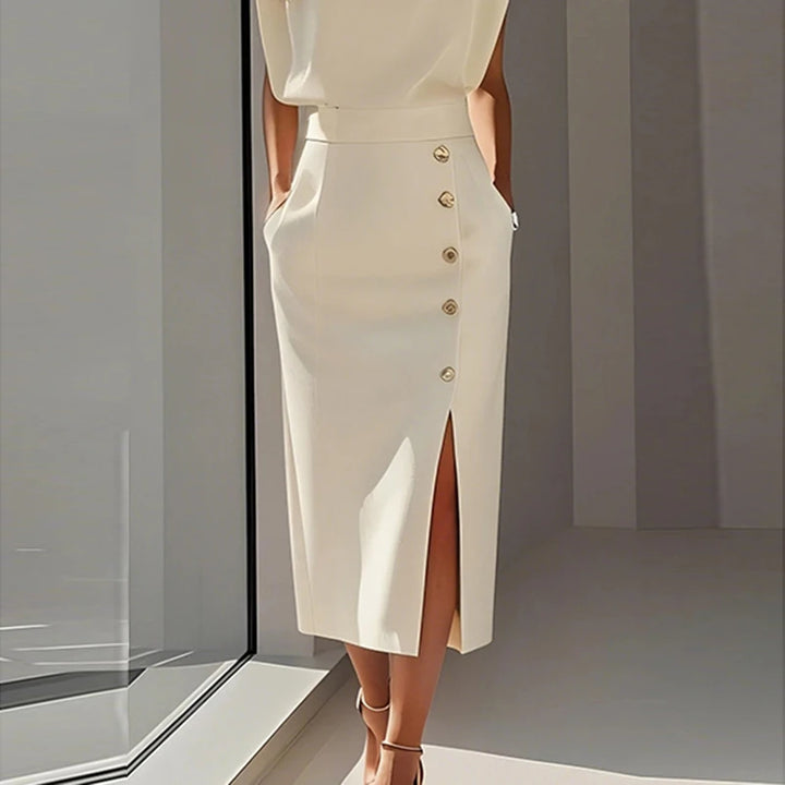 Krisstarsgirls Elegant Midi Skirt for Women 2025 Summer Split-joint Office Work Party Birthday High Waisted Button Skirt Female