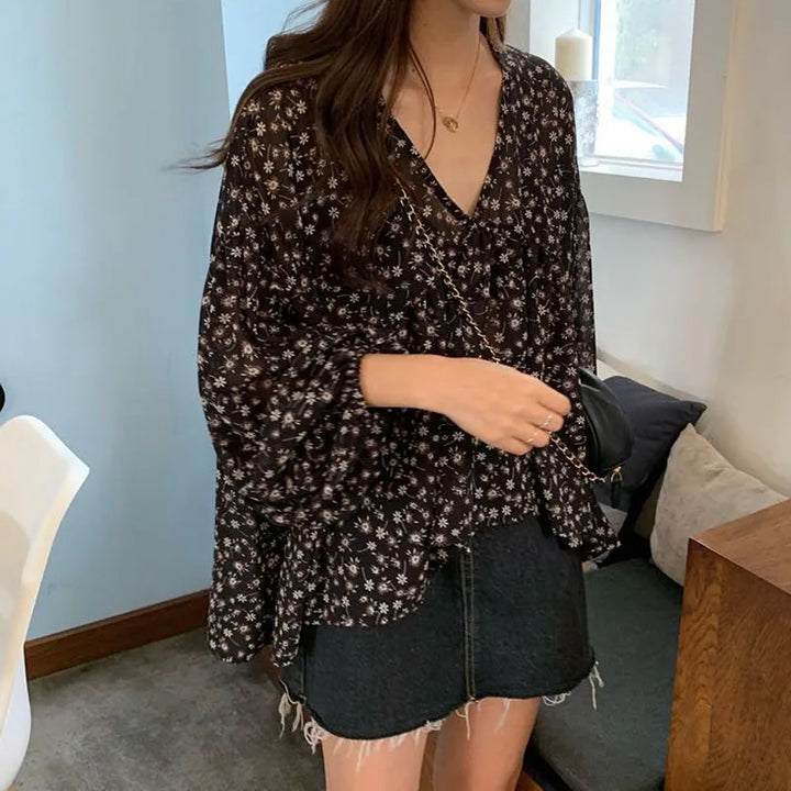 V-neck Chiffon Shirt Women Sweet Tops Blouse 2025 Spring Korean Floral Print Long Sleeve Casual Loose Slim Lady Clothes New 9307