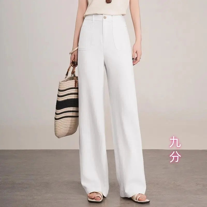 Linen Narrow Straight Leg Pants Women Summer Loose High Waist Casual Wide Leg Cropped Trousers