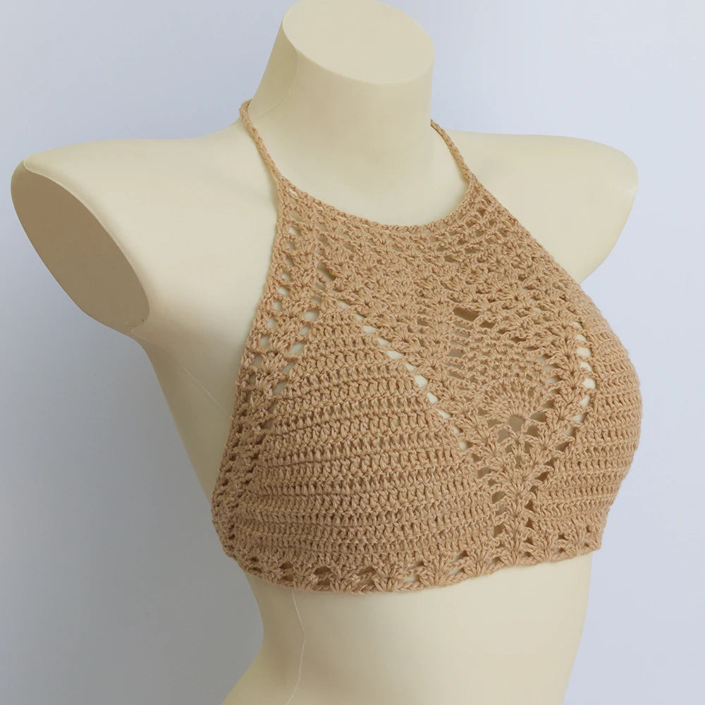 Knitting Crochet Backless Tie Up Top Women&