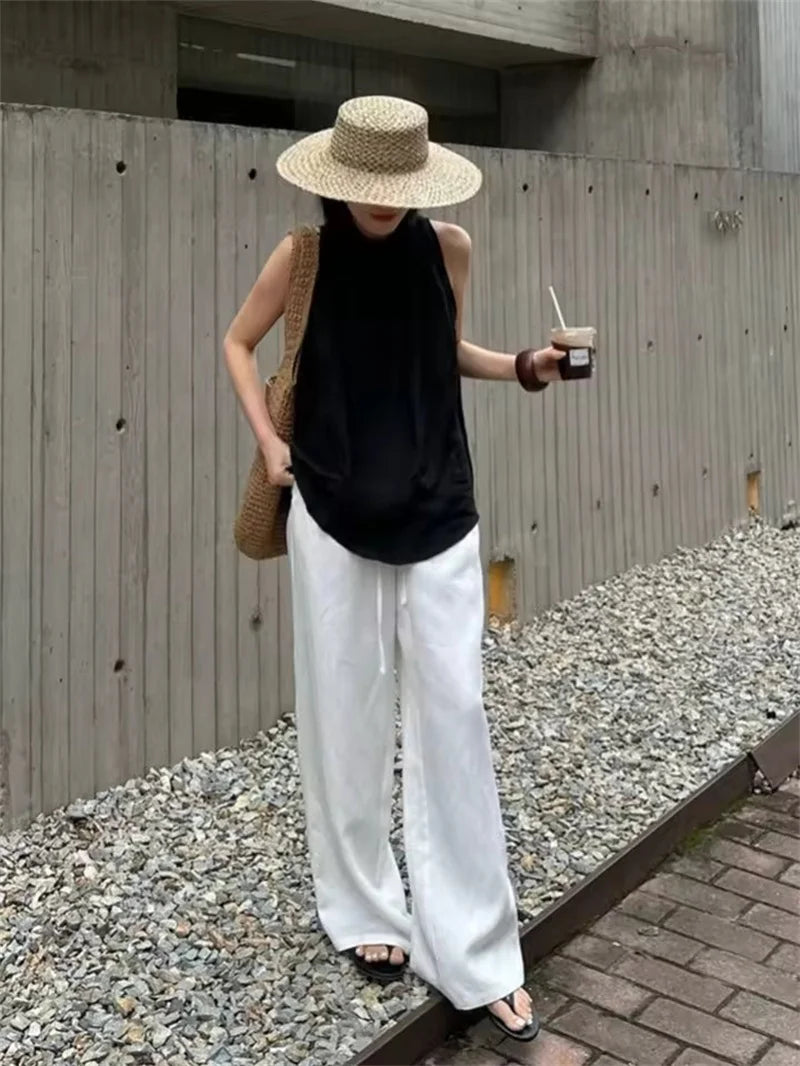 Fashion Casual Linen Wide-leg Pants Summer Loose Versatile Drawstring White Casual Straight Trousers Female