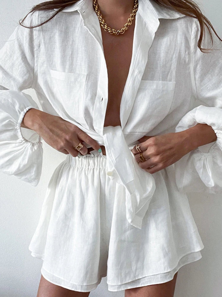 Women Casual Shirt Shorts Two Piece Summer New Fashion Personality Long Sleeved Shirt Loose Shorts Lady Simple Solid Color Suit