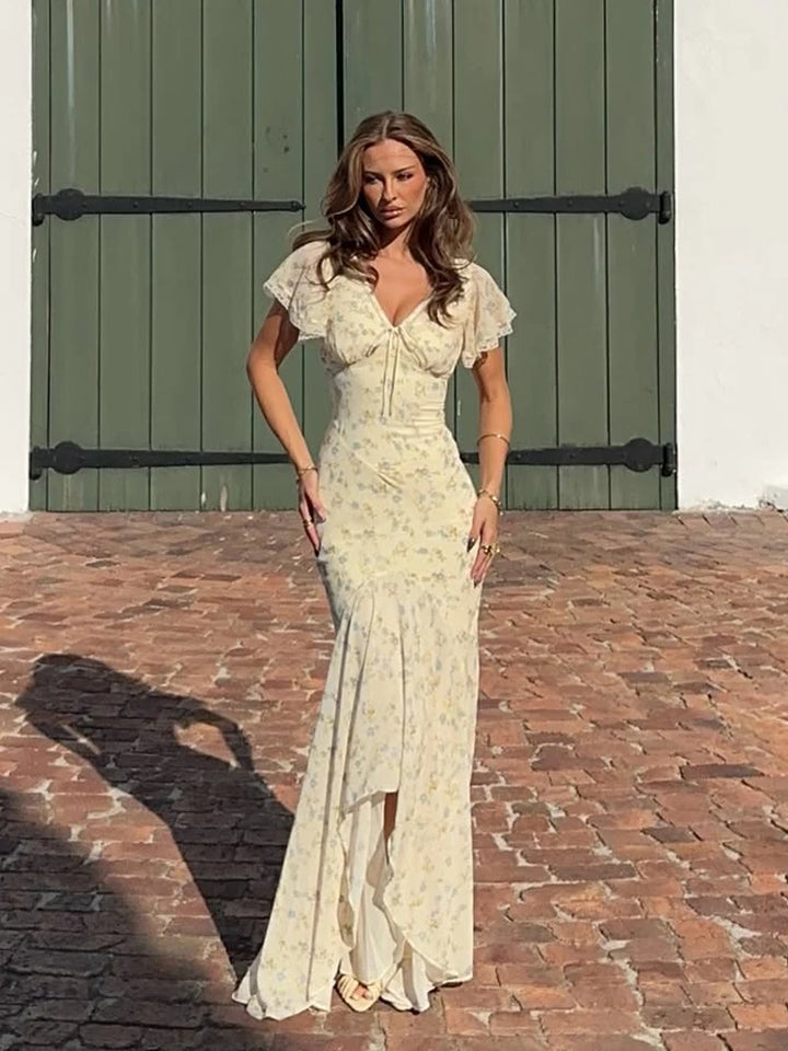 Fashion Organza Floral Printed Maxi Dress V-Neck Puff Sleeve 2026 Spring/Summer Romantic Women Party Gown Elegant Lady Vestido