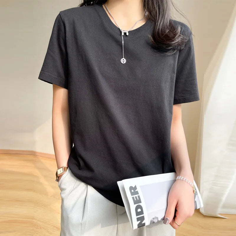 Women T-shirts 2026 Tops Solid Short Sleeve Loose O-neck  Cotton Casual Ladies Shirts Harajuku Korean Summer Woman Tshirts