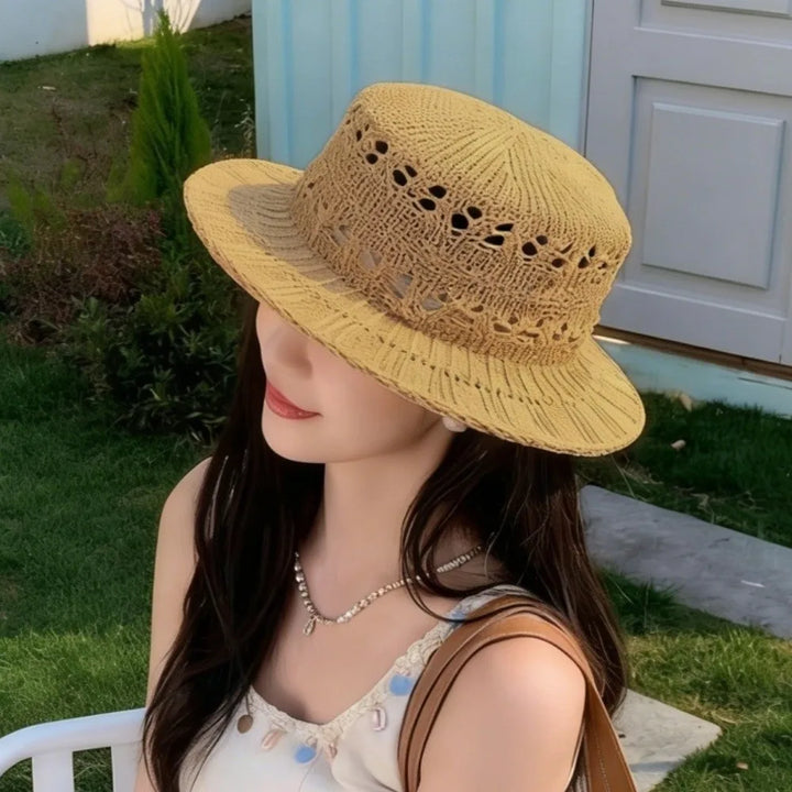 Wide Brim Breathable Straw Hat Lightweight Casual Knitted Flat Top Hat Eco-friendly Versatile Style Hollow Out Hat Summer Beach