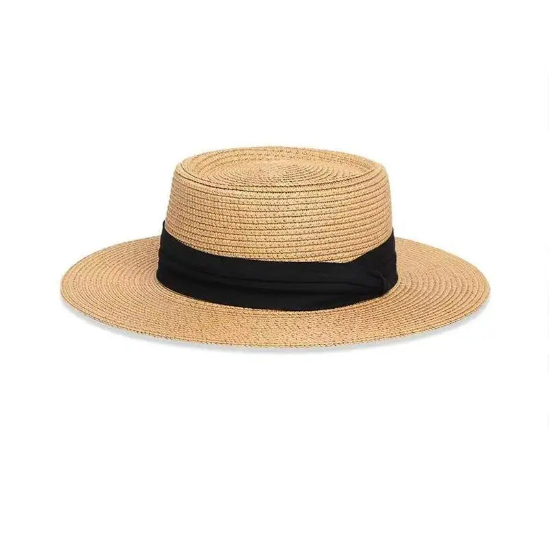 Straw Hat Women French Style Flat Top Wide Brim Sun Protective Hat Summer Beach Vacation Travel FashionHot