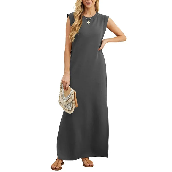 Casual Maxi Dress For Women Summer Loose Sleeveless Long Dresses Elegant Lady O Neck Solid Color Boho Beach Sundress Vestidos