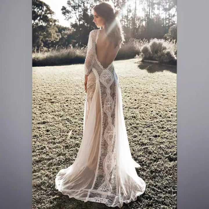 White Lace Maxi Dress Women Long Sleeve Hollow Out Backless Elegant Party Wedding Evening Gown Robe Female Clothing