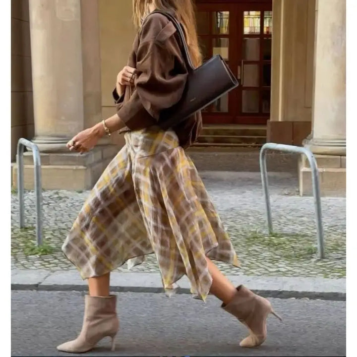 Summer Midi Skirts for Women Side Zipper Low Waist Y2k Vintage Graphic Tie-dye Plaid Print Irregular Ruffle Hem Skirt