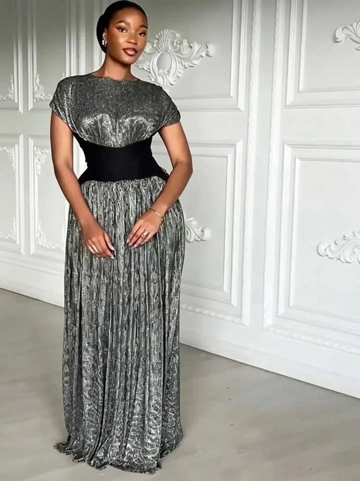 Black Dresses Woman Elegant Short Sleeve Curvy Evening Dress for Party Vintage Chic Long Pleated Dress