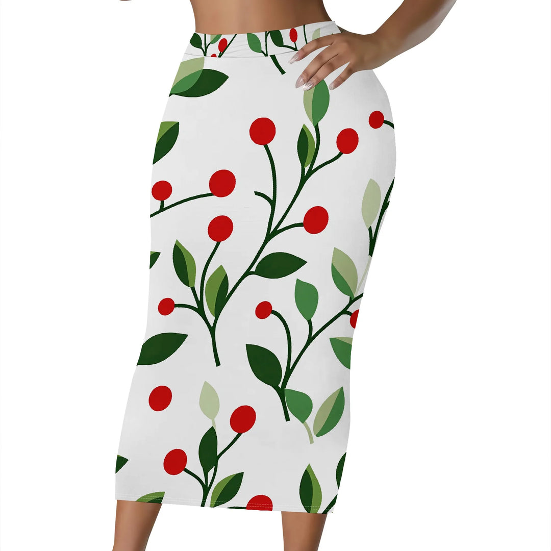 Floral Print Pencil Skirt, Red Berry Leaf Pattern Midi Skirt, High Waist Bodycon Skirt for Women Office Party Wear S-2XL