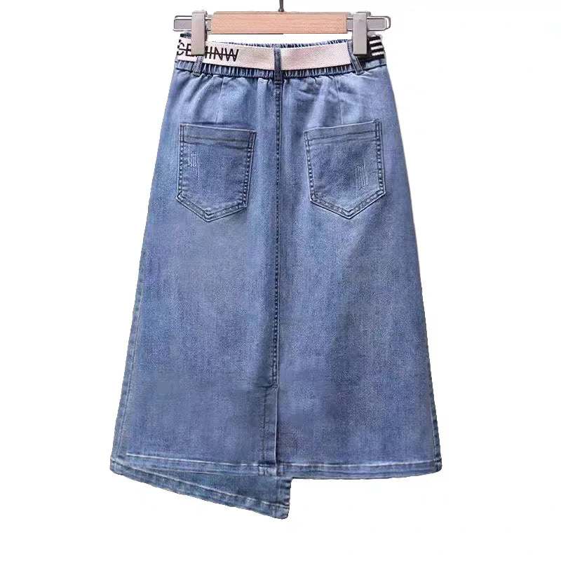 Fashion Asymmetrical Denim Midi Skirt With Belt Women Summer Vintage Jeans Pencil Skirt Elastic Back High Waist Women Midi Skirt