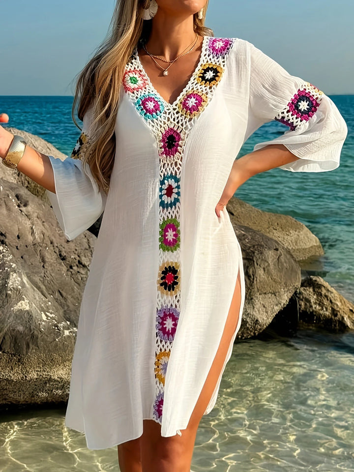 Fashion Style Hand Crochet Flower Block Beachwear Cover Up Beach Holiday Casual See-Through Dress Breathable Sunscreen Smock