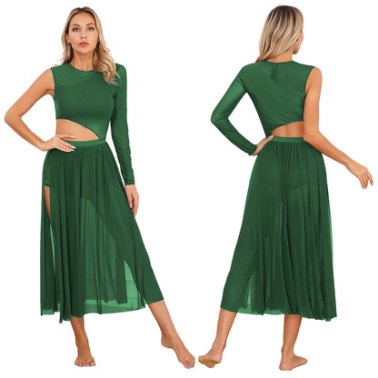 Womens Modern Lyrical Contemporary Dance Costume Cutout Round Neck Dress Side Split Sheer Mesh Dresses Performance Outfits