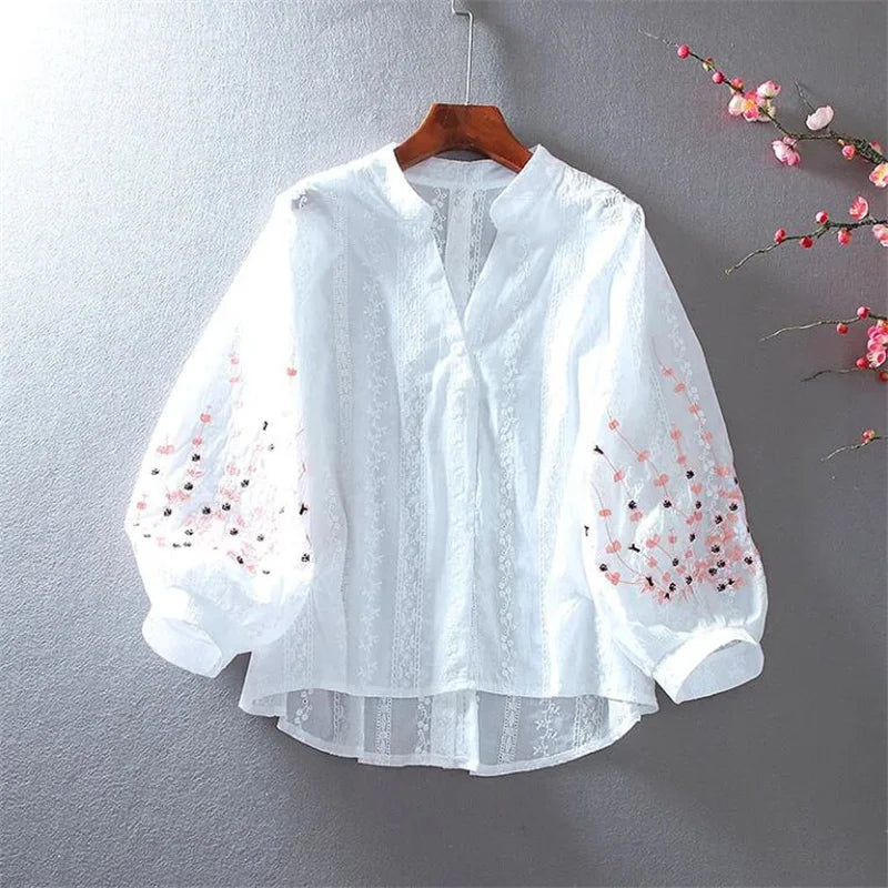 V-Neck Embroider Blouses For Women Shirt Lace Lantern Sleeves Cotton Bluasa LooseTop Casual Versatile Summer Thin Feminine Blous