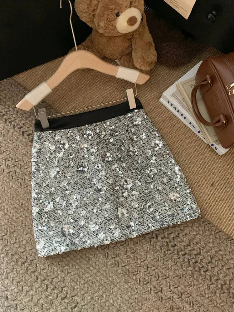 Sequined midi skirt for women in spring high waisted A-line skirt high-end design niche temperament hip hugging short skirt