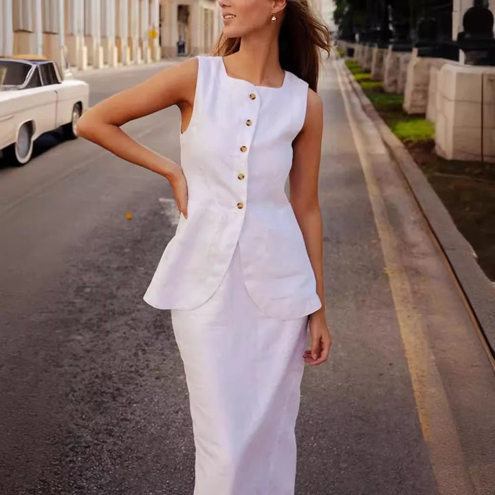 Chic Cotton Long Dress Set Women Summer Sleeveless Solid Single Breasted Best Top Back Split Maxi Skirts Lady 2 Pieces Suits