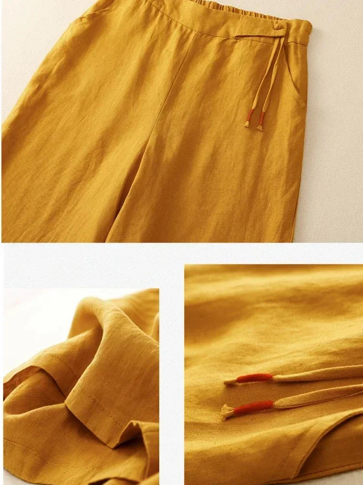 Women Elastic High Waist Cotton and Linen Casual Pants Retro Artistic Summer Wide Leg Pants Loose Straight Yellow Women&