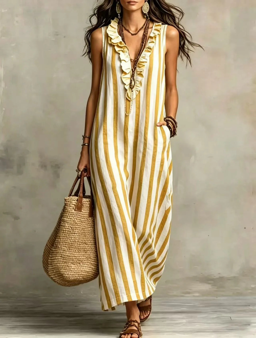 Bohemian Stripe V Neck Linen Maxi Dress Summer Casual Long Dresses