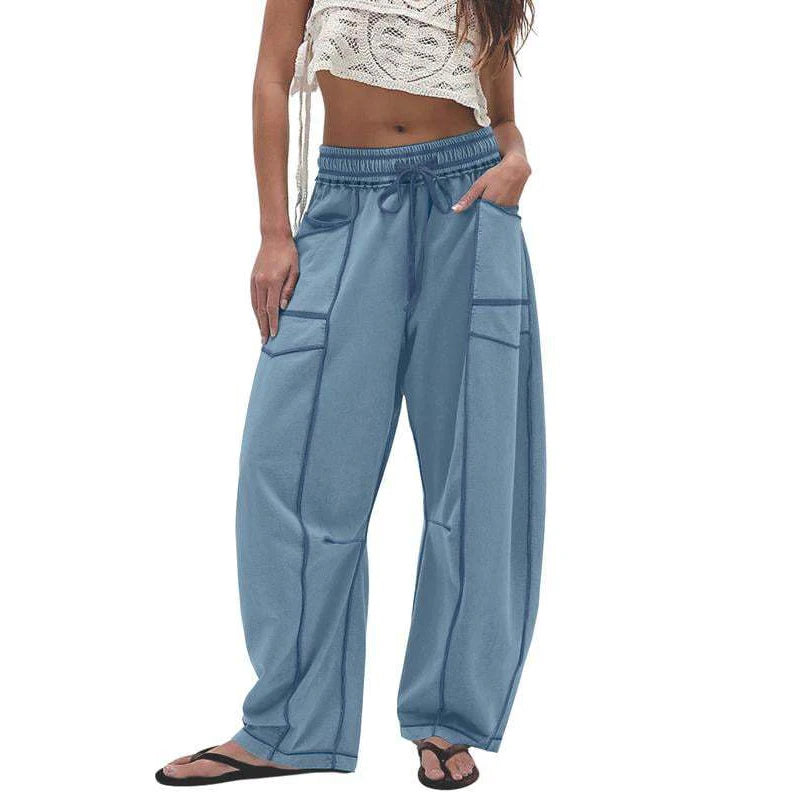 Fashion Women Casual Loose Wide Leg Pants Women Solid Color High Waist Drawstring Long Trousers Jogging Sportswear