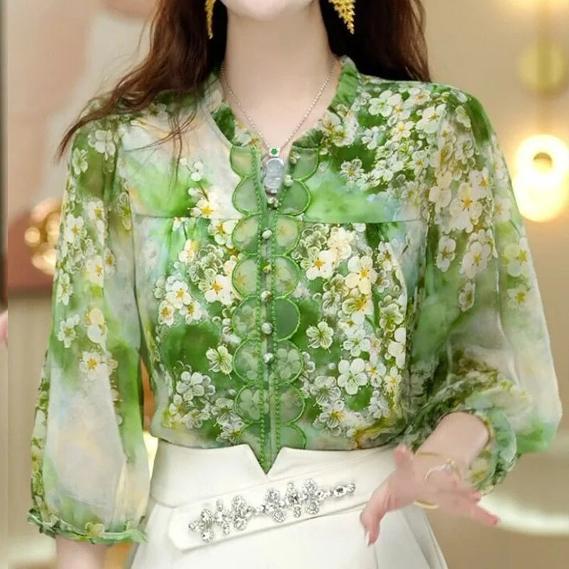 Summer New V-neck Fashion Long Sleeve Blouse Women High Street Casual Loose Printing Pullovers Elegant Button Patchwork Y2K Tops