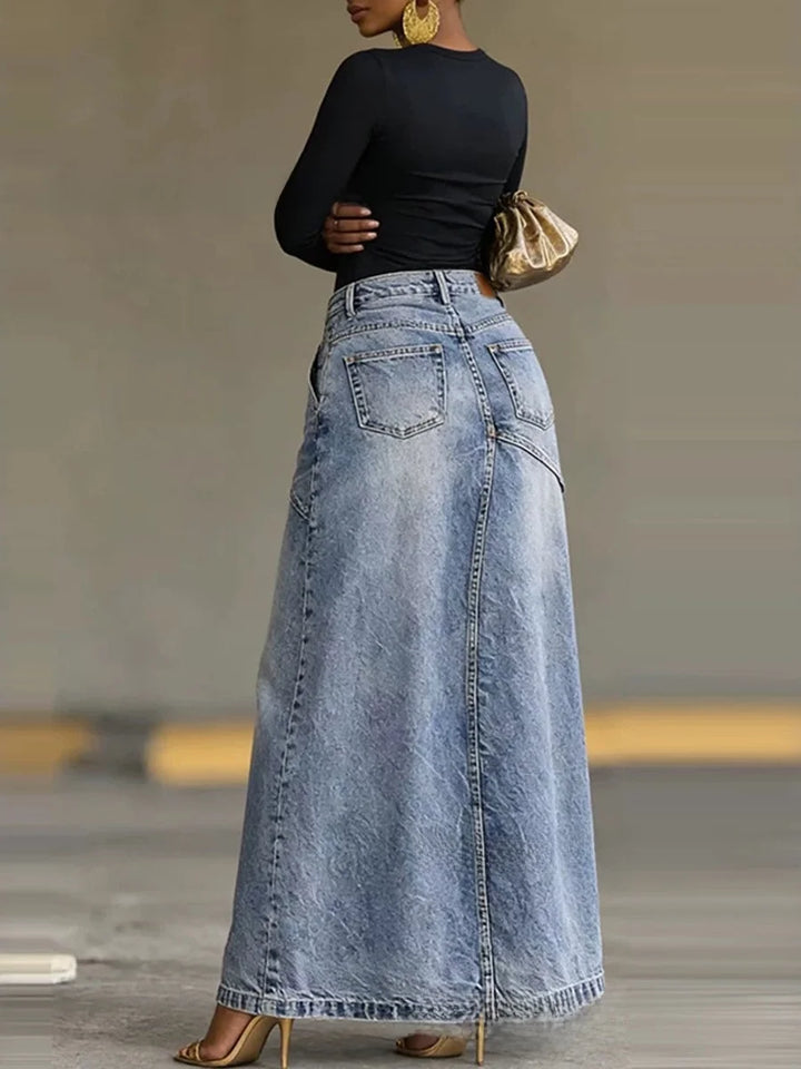 High Waist Asymmetrical Slit Denim Skirt Women&
