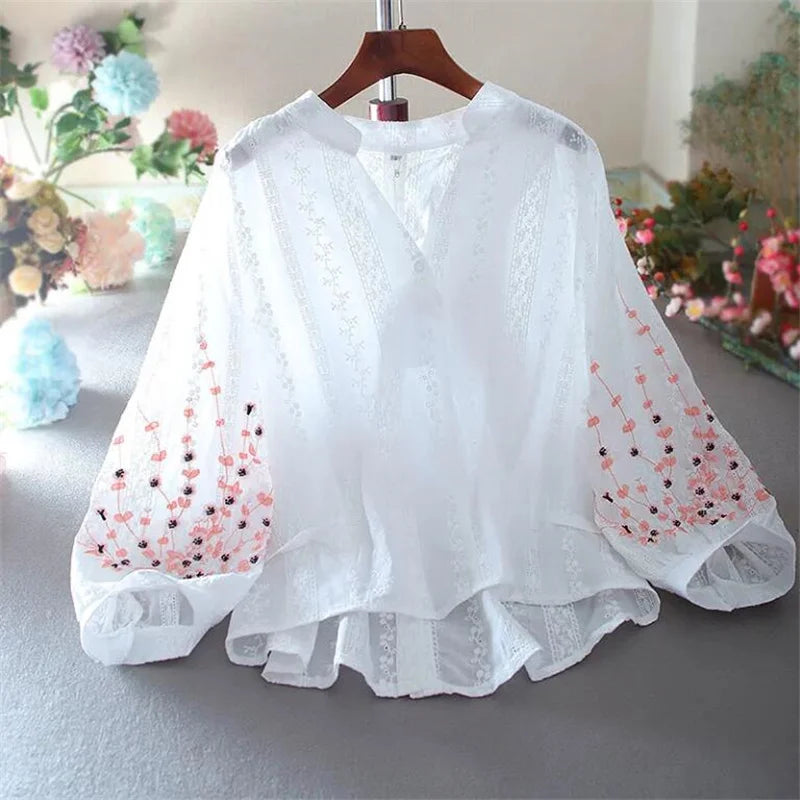 V-Neck Embroider Blouses For Women Shirt Lace Lantern Sleeves Cotton Bluasa LooseTop Casual Versatile Summer Thin Feminine Blous