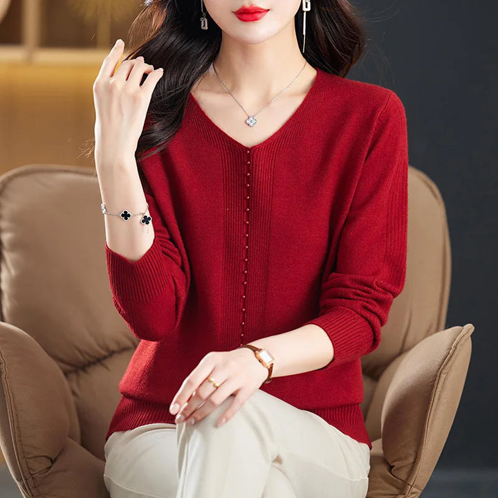 New V Neck Long Sleeve Top For Women Knitted Autumn Winter Sweater For Woman Elegant Style Knitwear Woolen Female Clothing