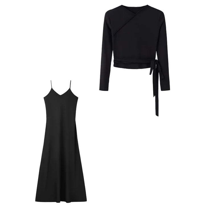 Winter Autumn Knitted Two Piece Dress Set Women V Neck Blouse Solid Elegant A Line Straps Maxi Dress Suits Sashe Female Outfit