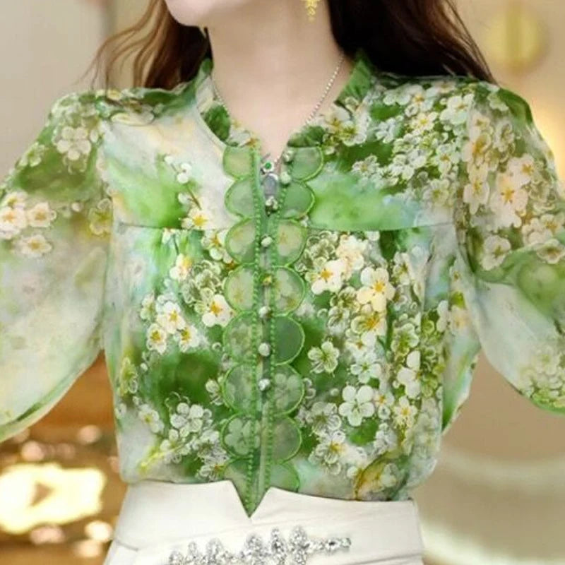 Summer New V-neck Fashion Long Sleeve Blouse Women High Street Casual Loose Printing Pullovers Elegant Button Patchwork Y2K Tops