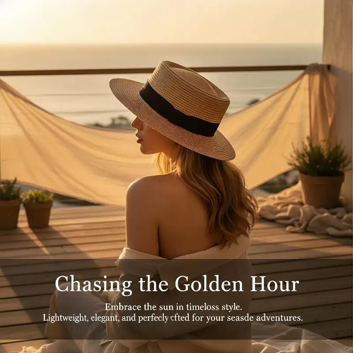 Straw Hat Women French Style Flat Top Wide Brim Sun Protective Hat Summer Beach Vacation Travel FashionHot