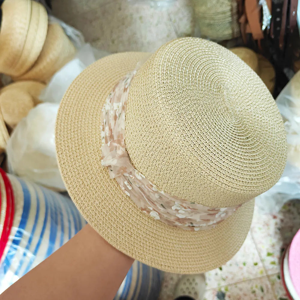 1pcs Luxury Elegant Women Summer Straw Hat Flat Top Boater Cap Folds Hand Weave Wide Brim Sun Hat Panama Fedora Шляпа