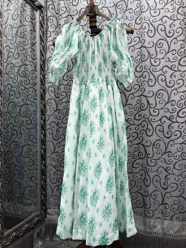 100%Cotton Long Dress 2026 Summer Bohemian Beach Lady Green Leaves Prints Elastic Waist Short Sleeve White Long Maxi Dress