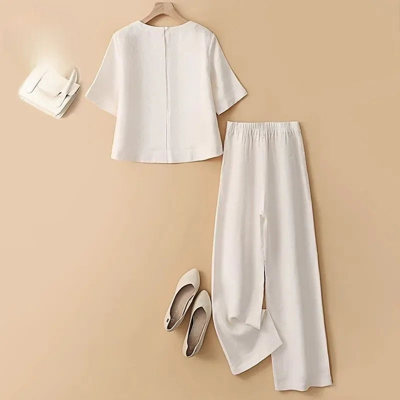 Women Casual Summer Linen Short Sleeve Top High Waist Wide Leg Pants Two Piece Set Daily Outdoor Wear S-XXL